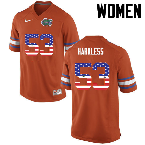 Women Florida Gators #53 Kavaris Harkless College Football USA Flag Fashion Jerseys-Orange - Click Image to Close